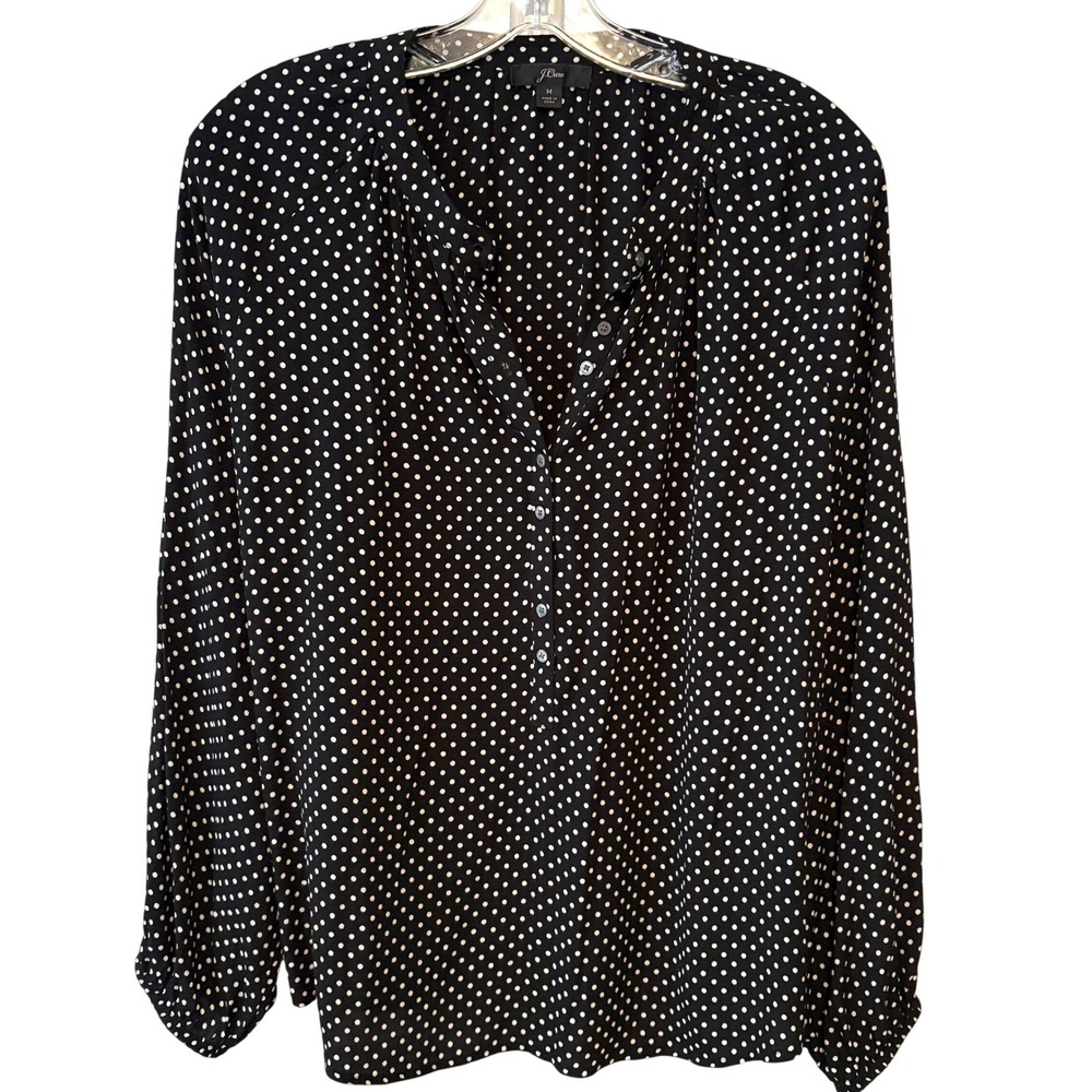 J. Crew Women's Black and White Polka Dot Long Sleeve‎ Popover Top in Size M